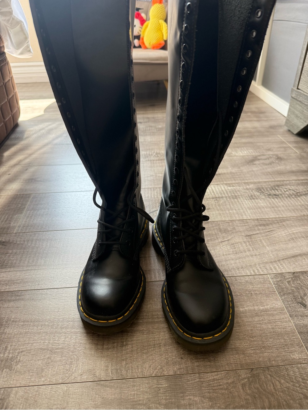 Dr. Martens Black Knee-High Lace-Up Boots with Yellow Stitching